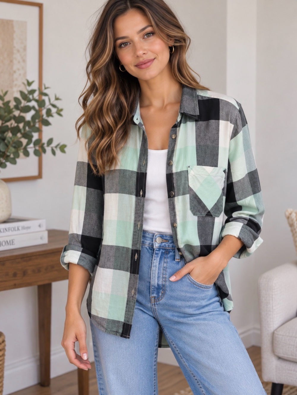 WSS Boyfriend Fit Plaid Button Down Shirt Mint Black White Size Small